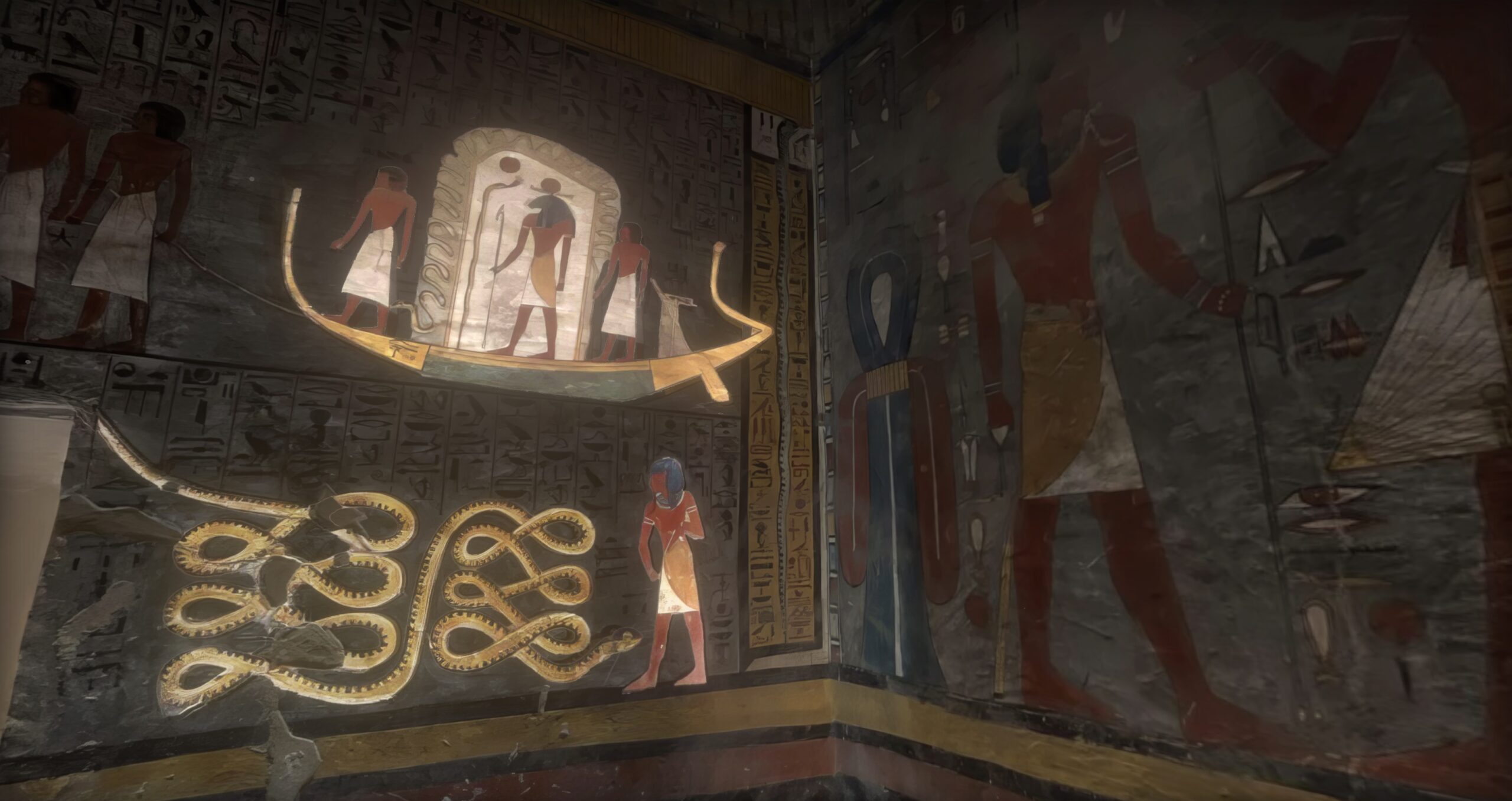Tomb of Ramesses I Virtual Tour screenshot showing the highlighting of Ra with a solar boat and Apophis below